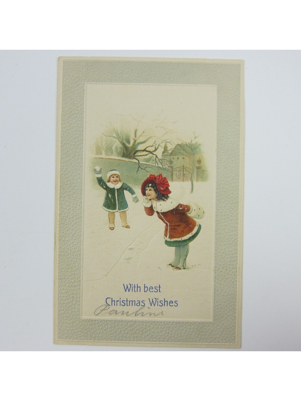 Christmas Postcard Children Victorian Girl Boy Throw Snowball Embossed Antique